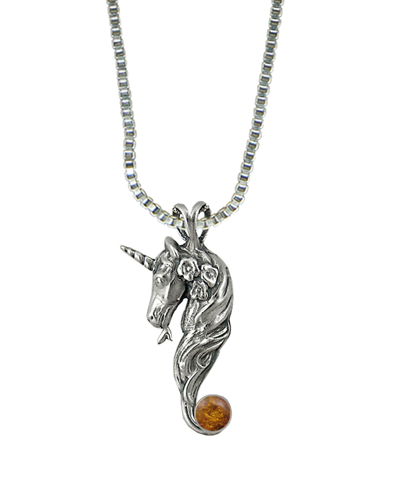 Sterling Silver Unicorn of Beauty Pendant With Amber